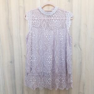 Womens Lace Mock Neck Sleeveless Tunic Top Size S Pink Boho Romantic Coquette